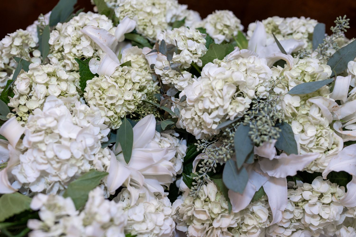 An elegant arrangement of white hydrangeas and delicate eucalyptus leaves.