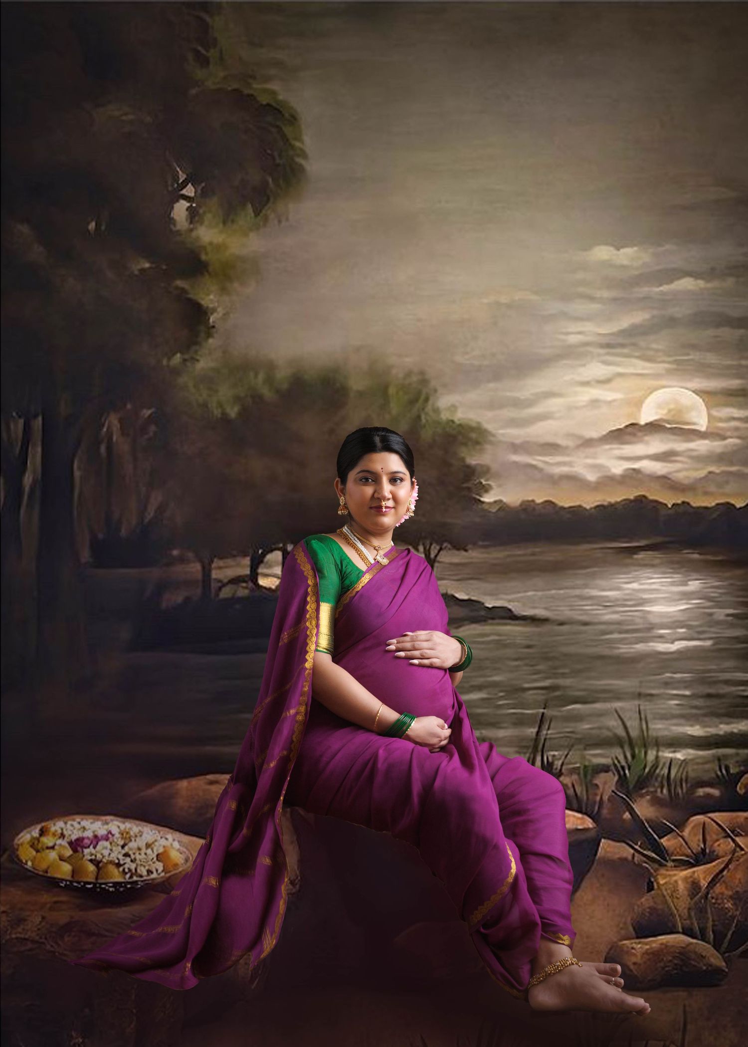 Artistic maternity portrait set against a moonlit lake landscape with palm trees and purple sari clothing.