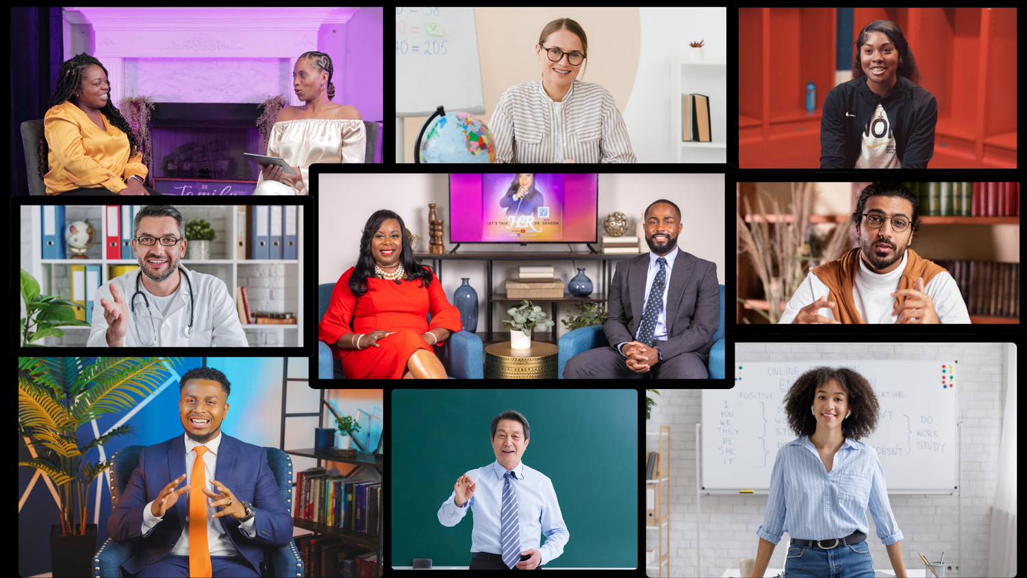 Grid of nine video conference screens showing diverse professionals in home and office settings during virtual meetings.