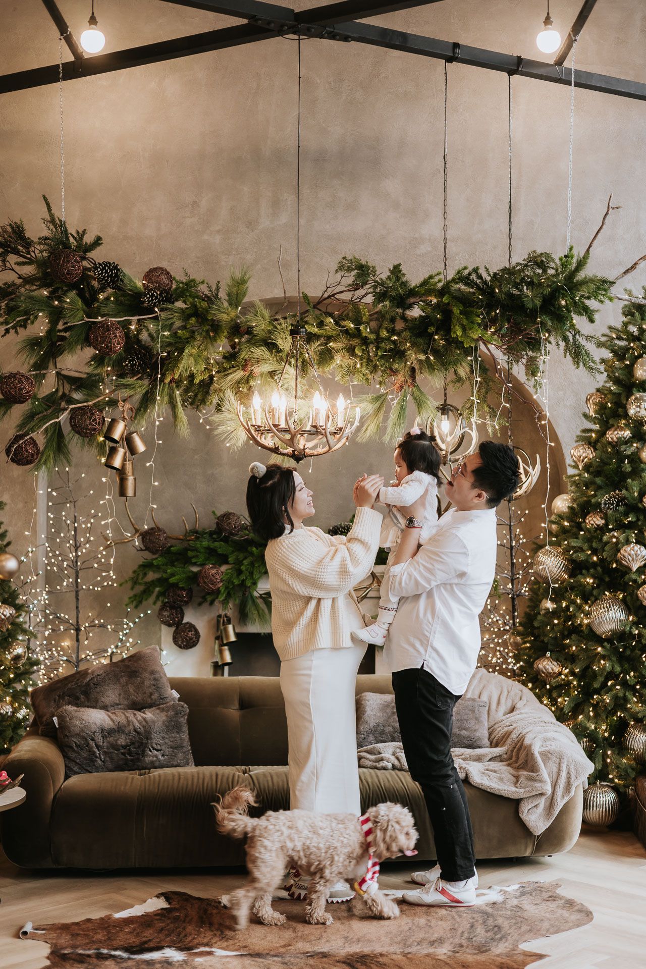 Holiday themed indoor setting with decorated Christmas trees, hanging lights and cozy furniture.
