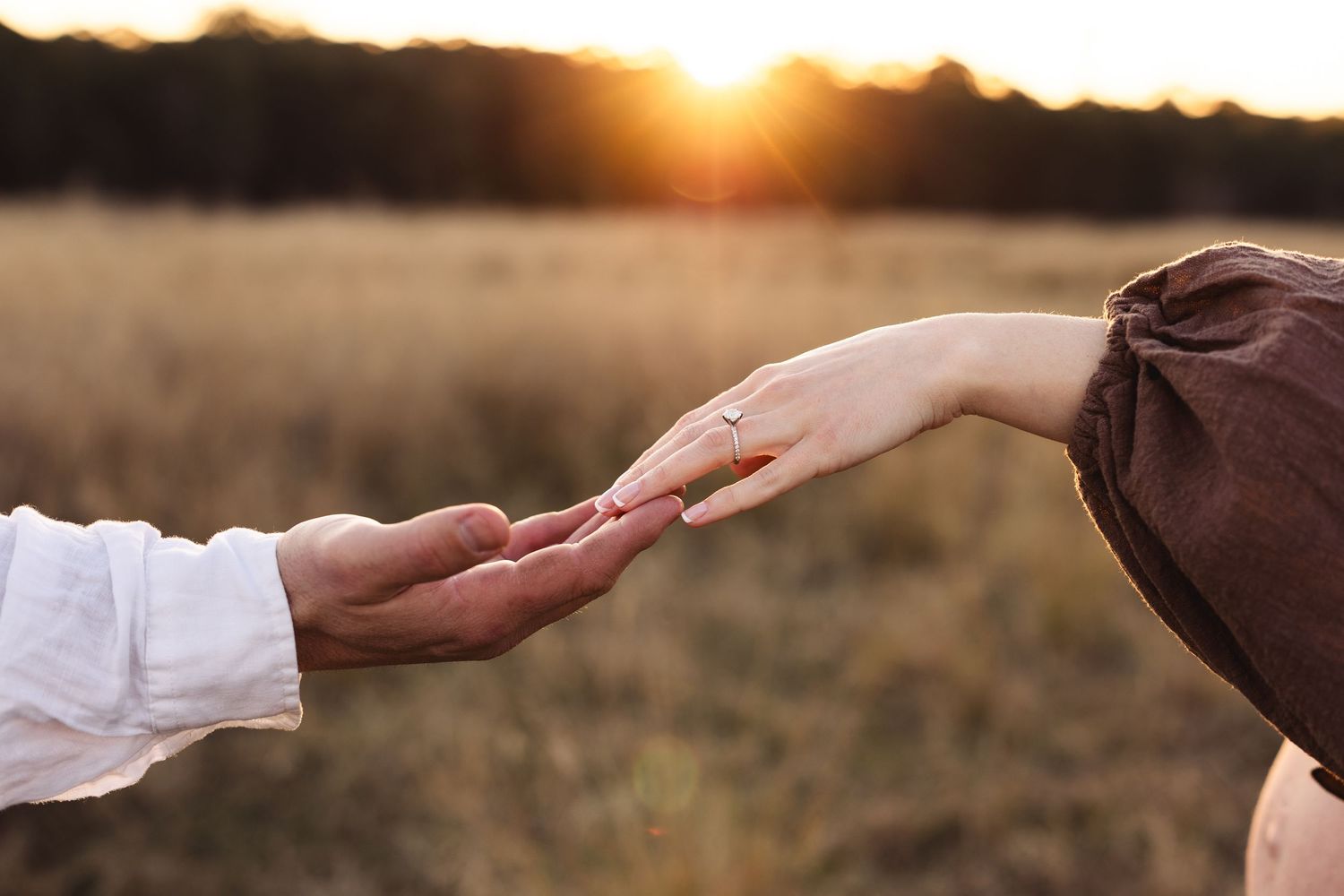 Two hands reaching toward each other at golden sunset in a field, woman wearing engagement ring.