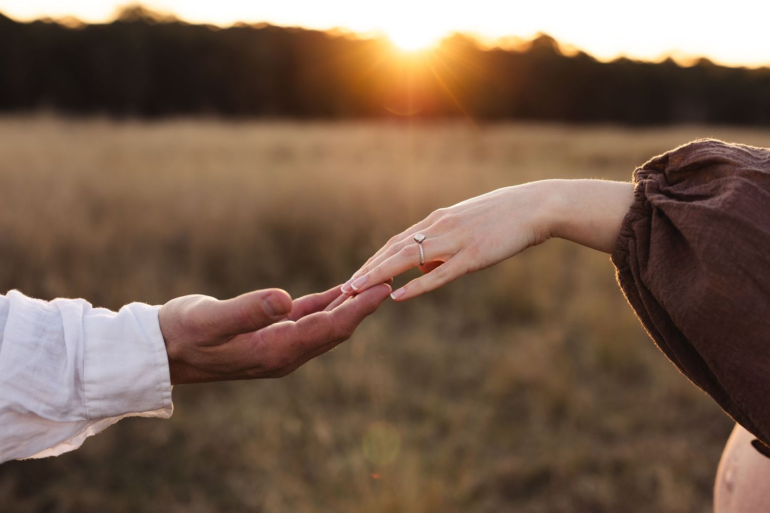Two hands reaching toward each other at golden sunset in a field, romantic couple moment with warm backlight.