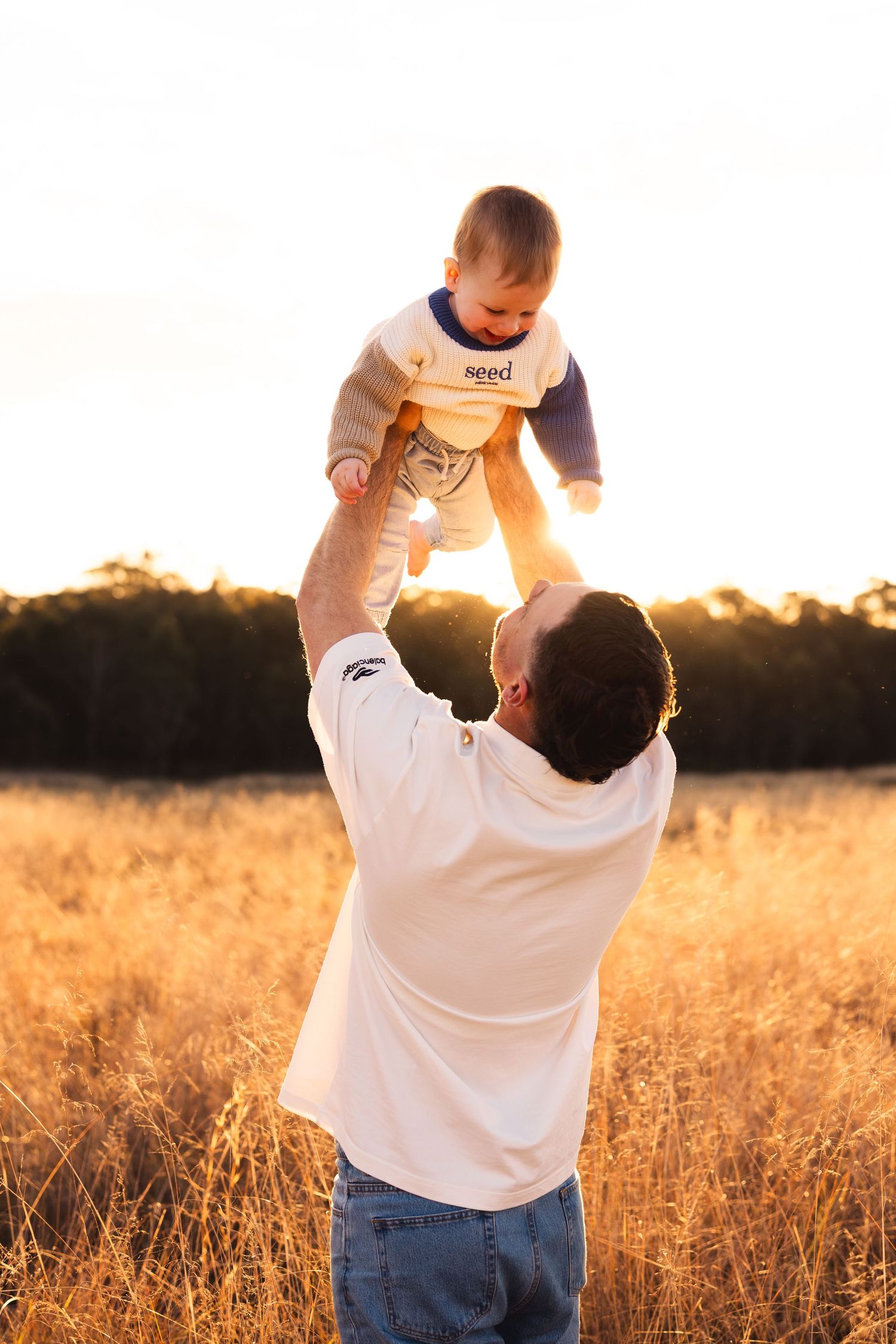 Father lifting laughing baby high in golden wheat field at sunset, backlit by warm glowing light.
