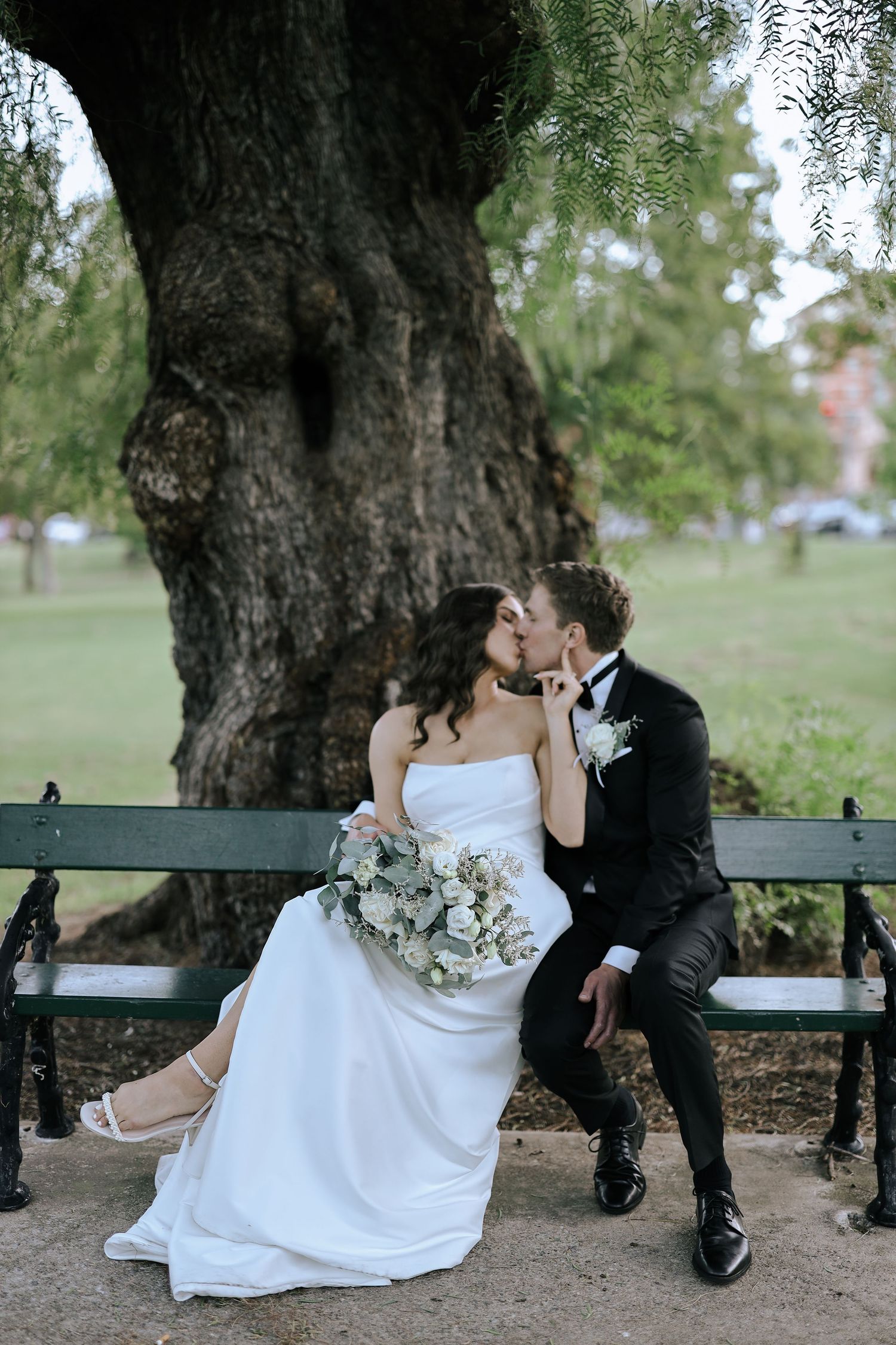 A romantic wedding couple shares a tender moment on a park bench beneath a majestic old tree.