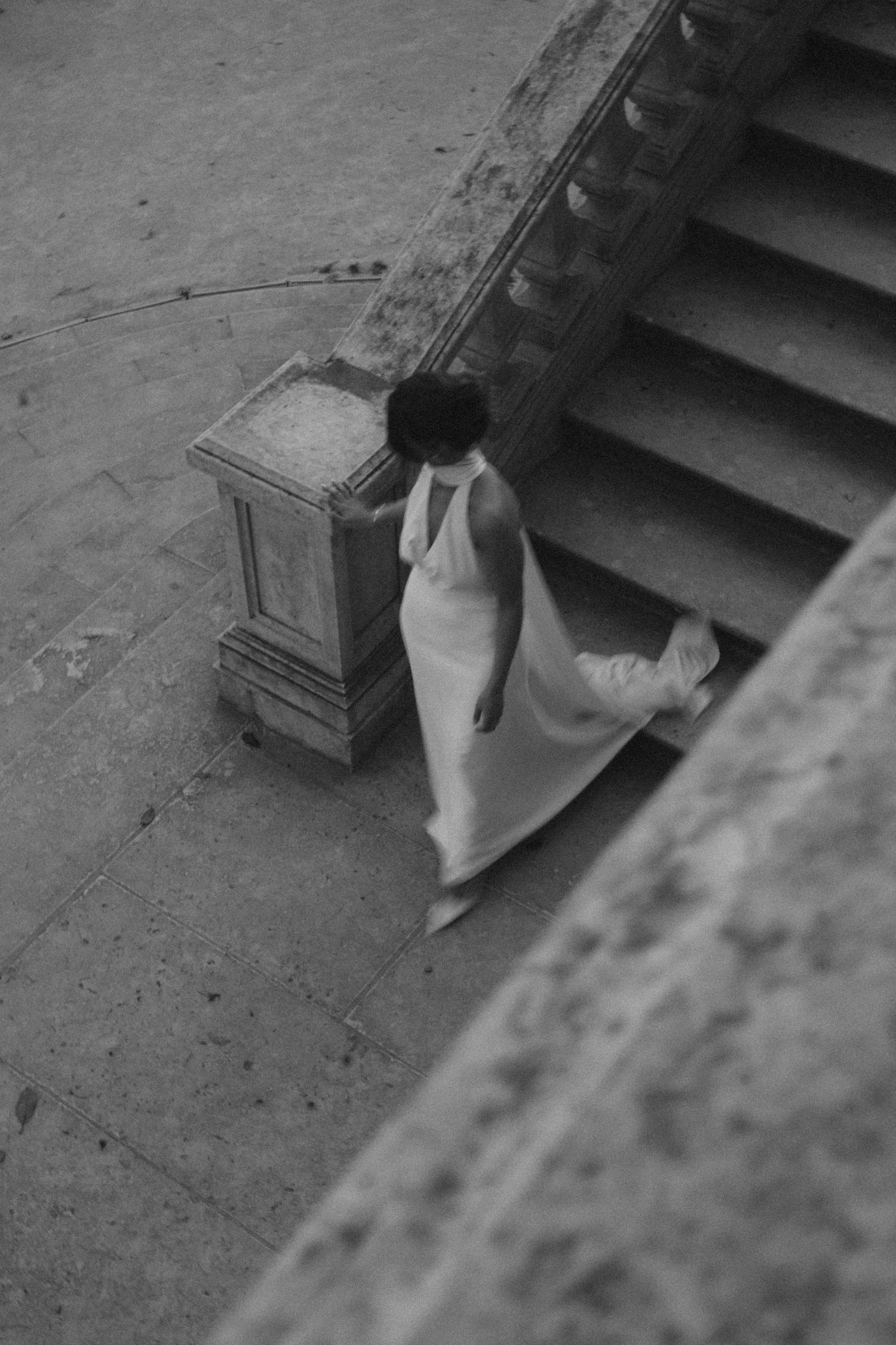 Vintage-style black and white detail shot of steps and architectural elements.