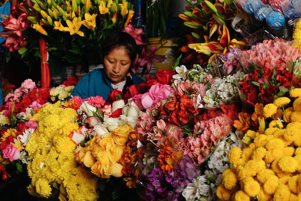 Vibrant display of colorful fresh flowers including yellow and pink blooms arranged at a market or shop.