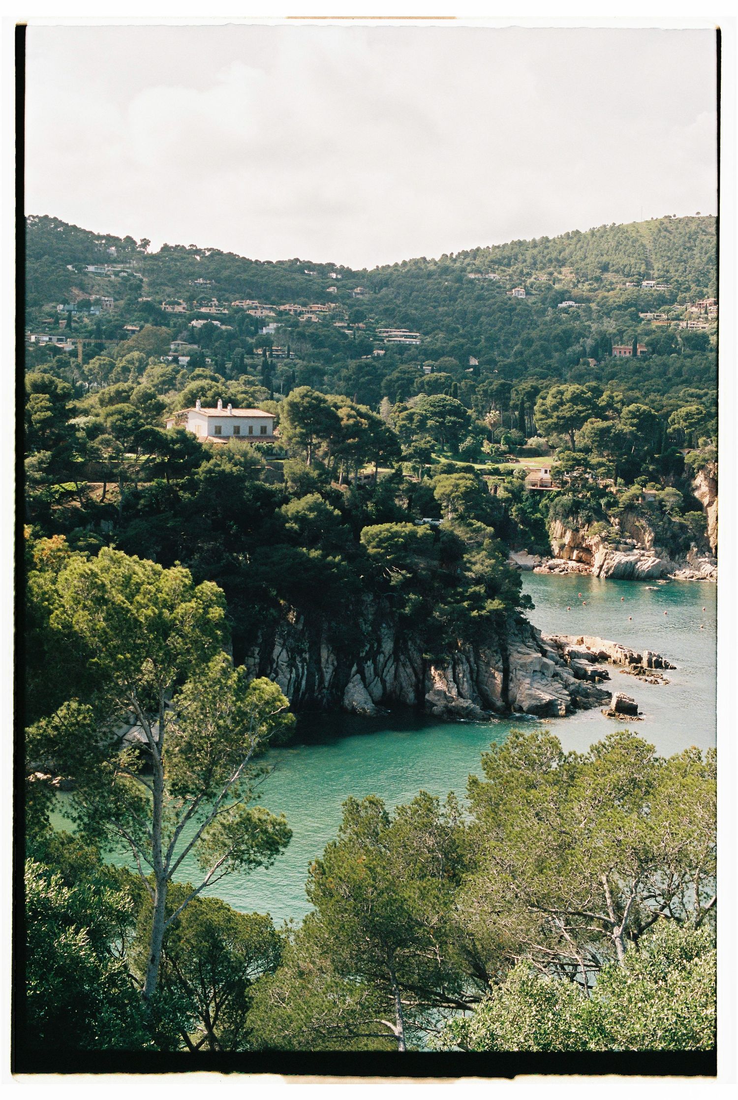 Scenic Mediterranean coastal view with turquoise waters and pine-covered cliffs.