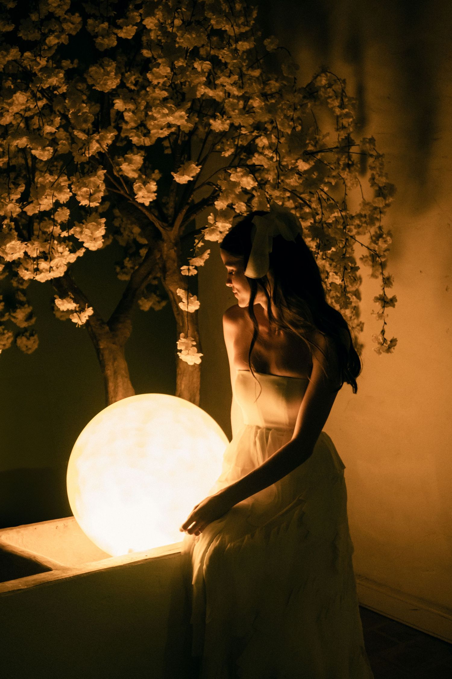 Romantic evening scene with glowing lanterns illuminating cherry blossoms overhead.