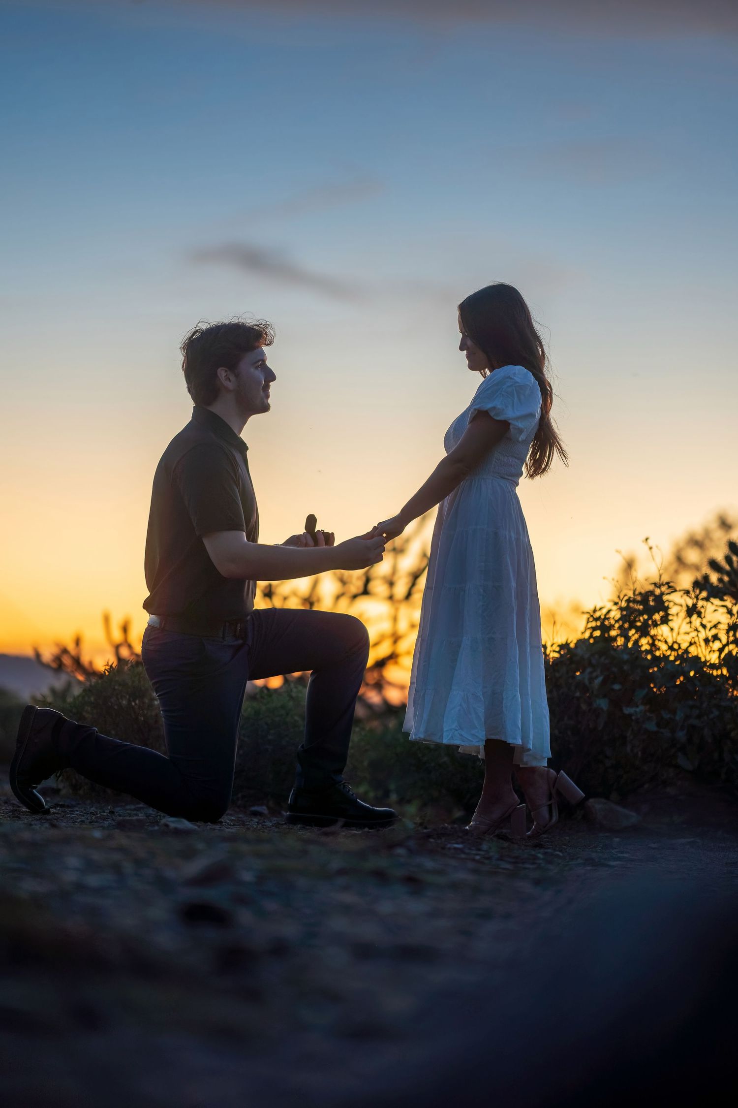 Silhouetted figures in romantic moment during golden hour.