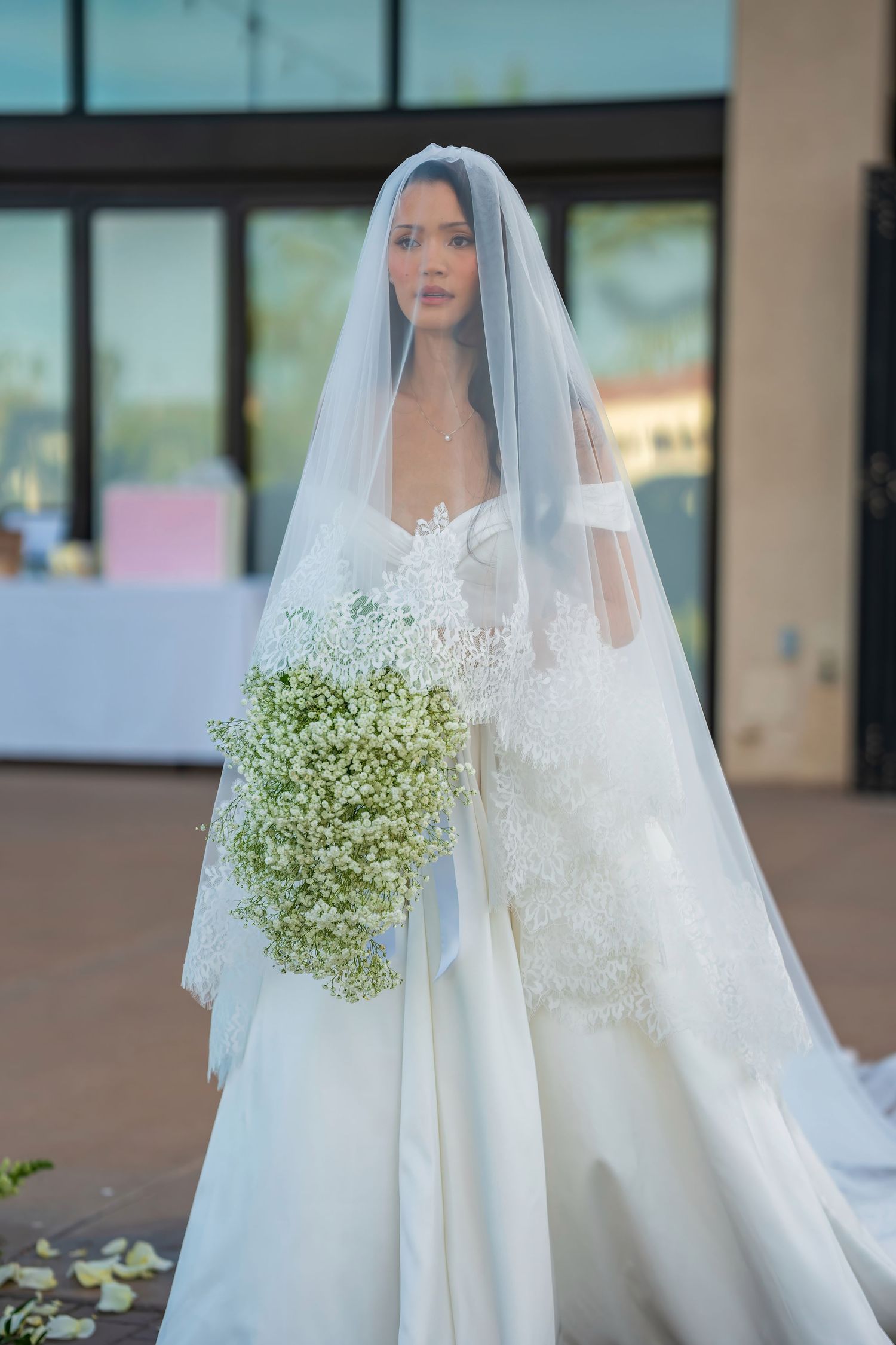 A bride poses in a stunning white lace wedding dress with cathedral veil and delicate baby's breath bouquet.