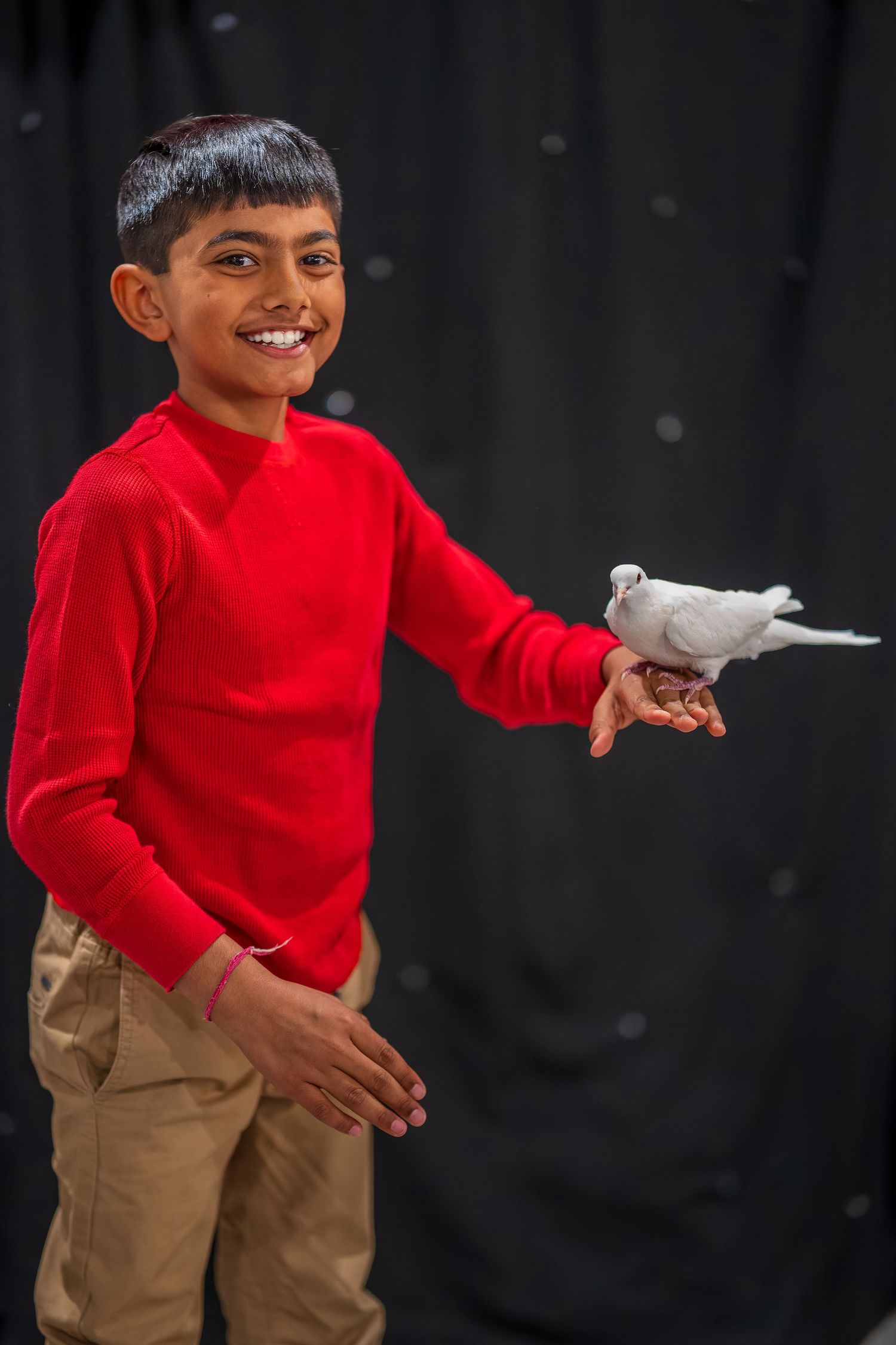 Child in red sweater holds a white dove while performing on stage.