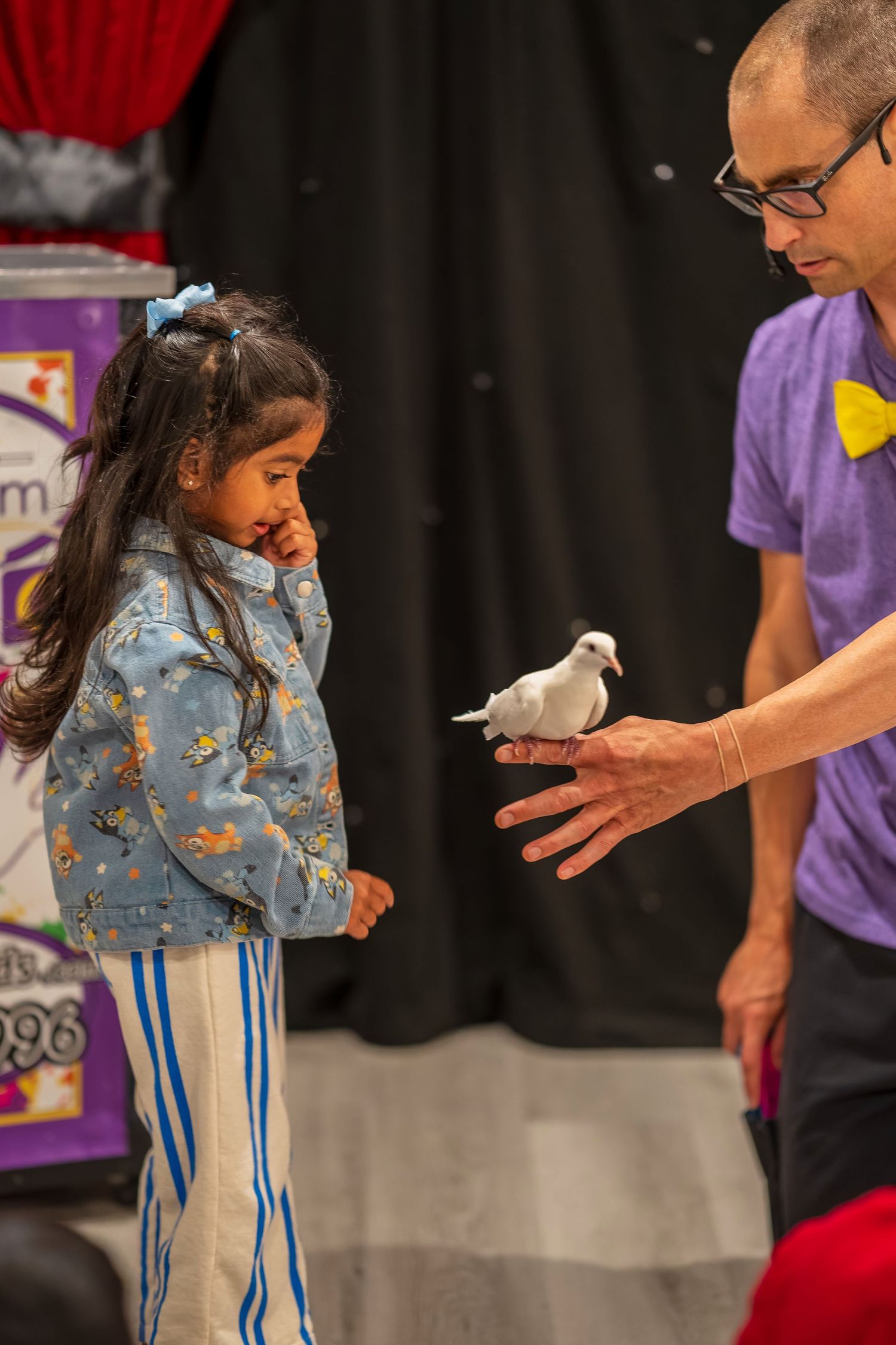 Child in floral outfit watches as performer presents a white dove.