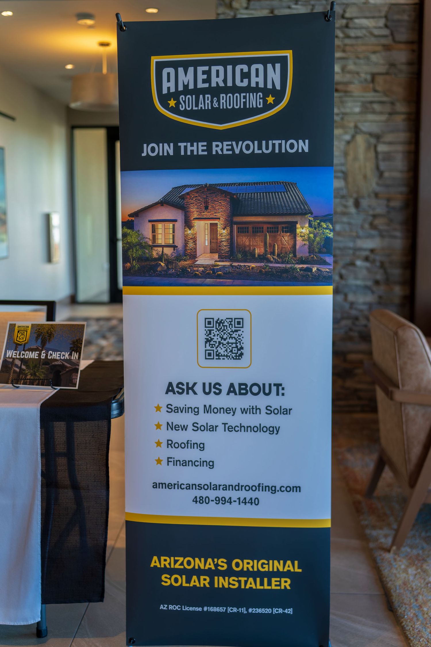Marketing banner for American Solar Roofing showing services and QR code with luxury home image.