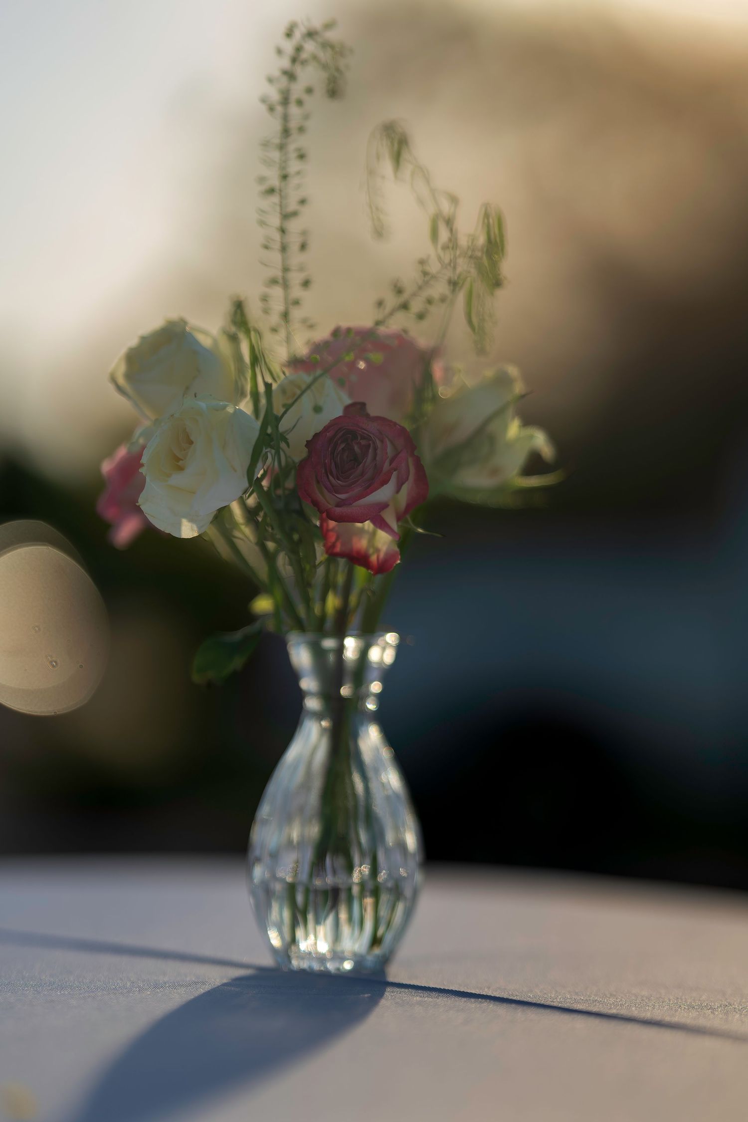 Small glass vase with pink roses and white wildflowers on a white table in soft golden backlight.