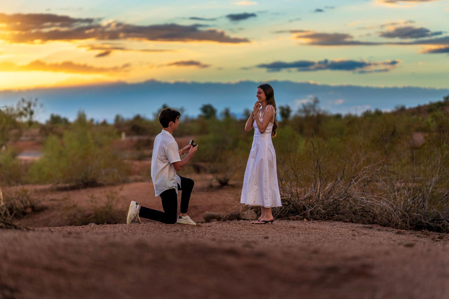 A proposal moment captured during golden hour in a desert landscape.