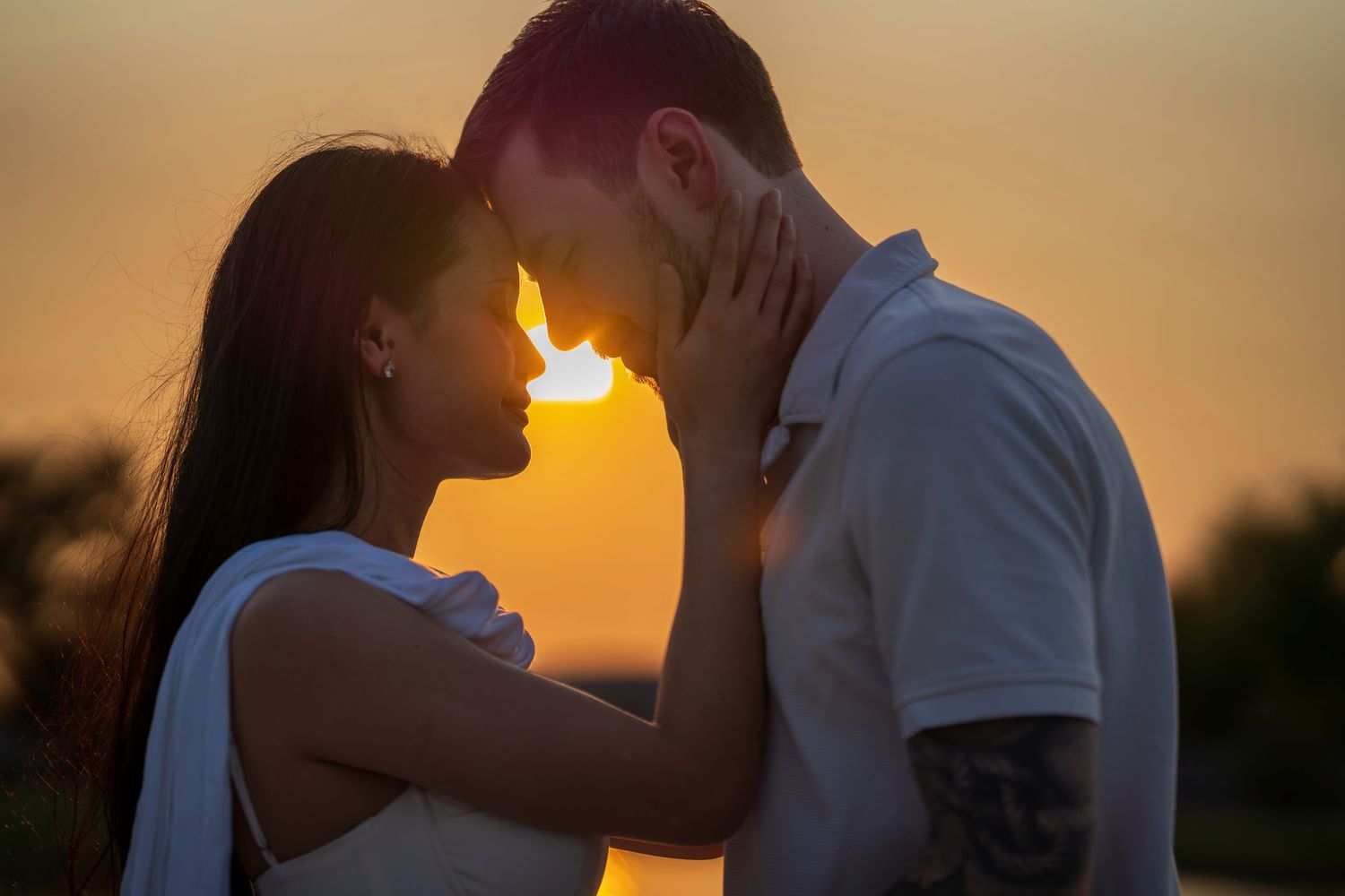 Intimate moment captured in silhouette against warm sunset sky.