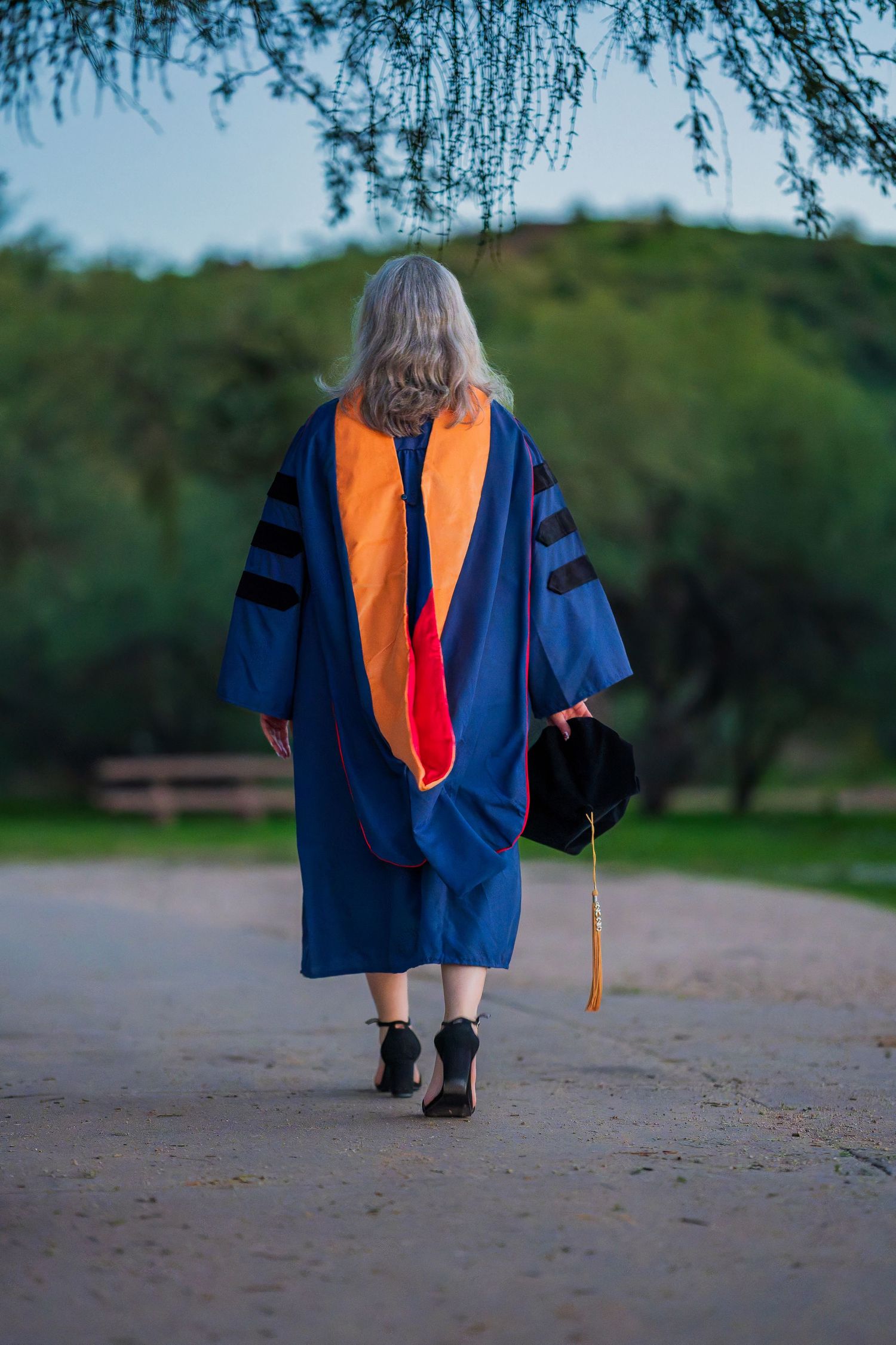 Academic regalia with orange stole and blue gown shown from behind on dirt path.