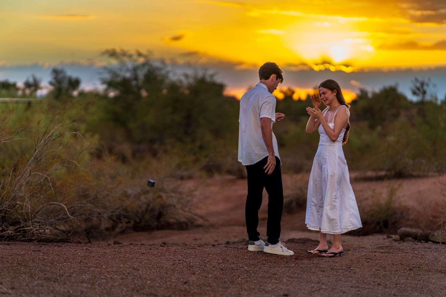A romantic sunset engagement session in a desert landscape with warm golden lighting.