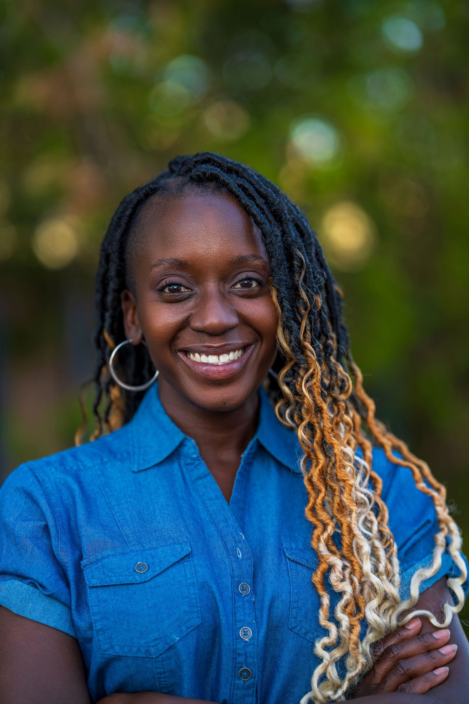 Portrait series showing joyful expressions and blonde-tipped braids against a natural green background.