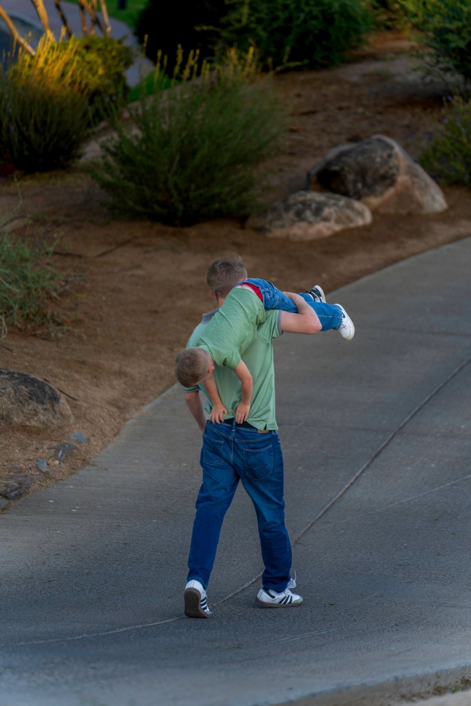Man in green shirt carrying a child on his back while walking on a paved path surrounded by rocks and shrubs.