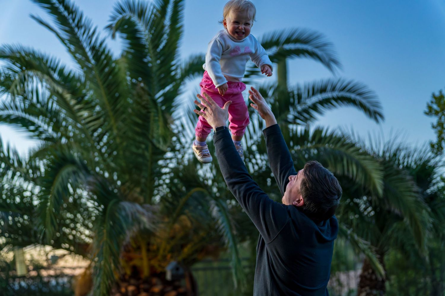 A playful moment with a child being lifted high against palm trees in the background.