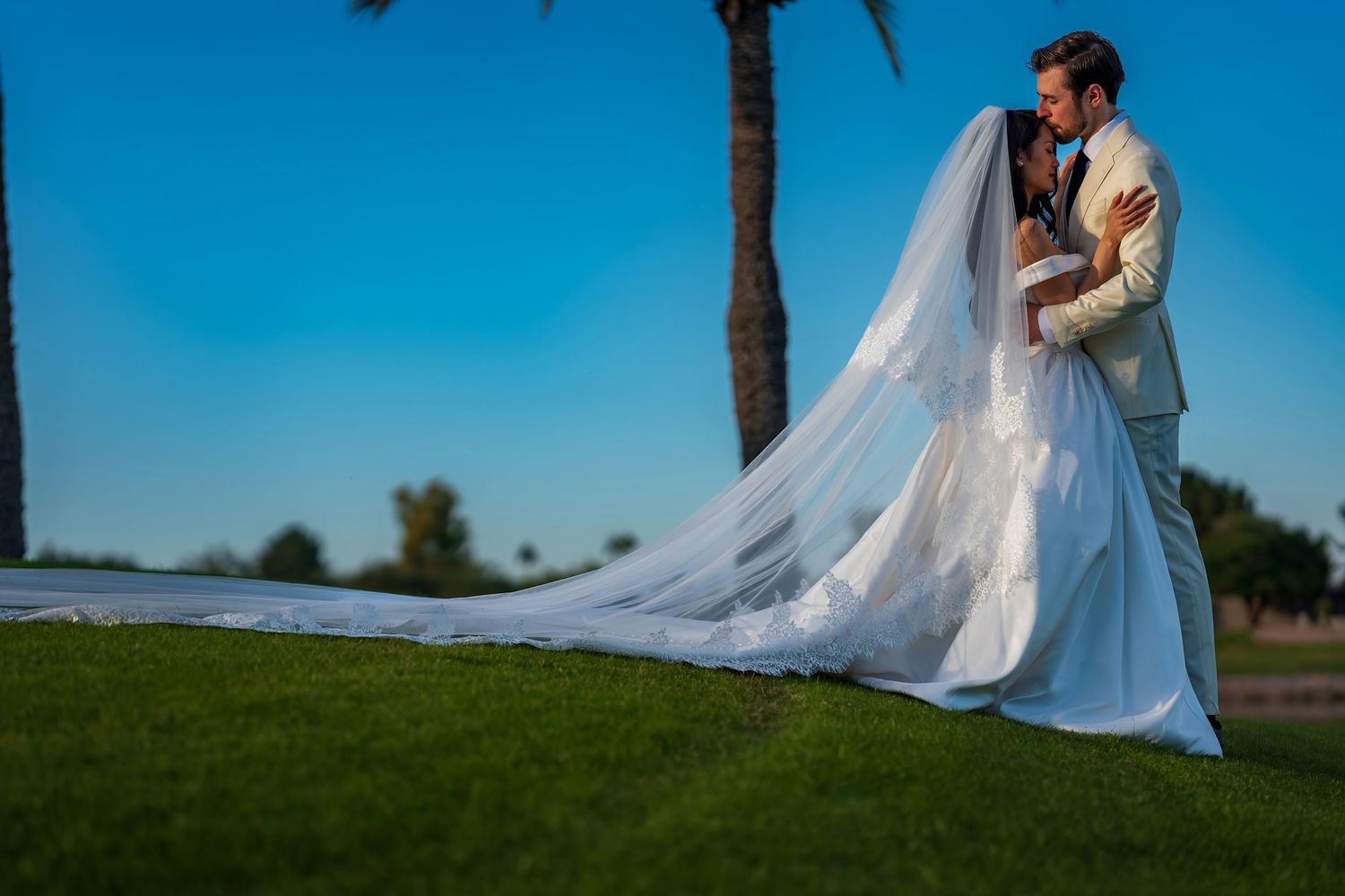 A romantic wedding photoshoot in a scenic outdoor setting with a flowing white veil.