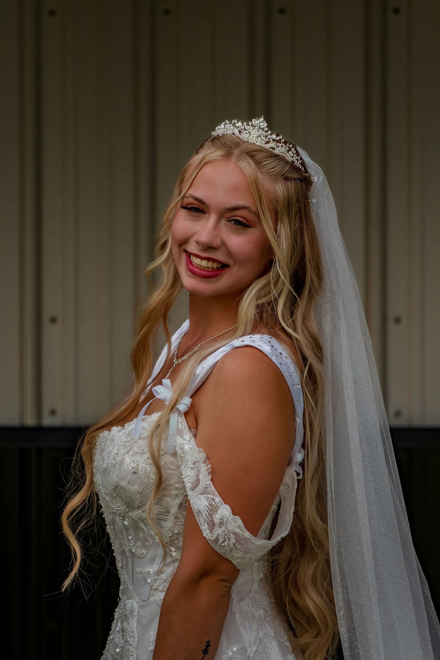 Close up portrait of a bride wearing a sparkling tiara and white wedding gown.