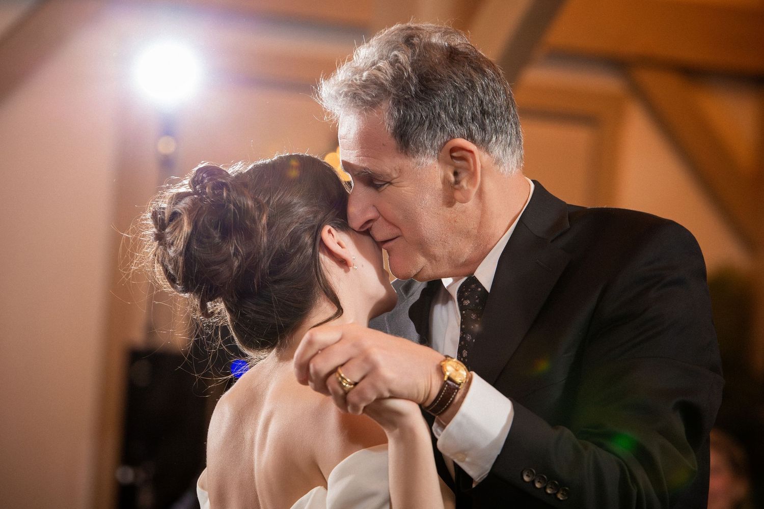 Father of the bride gently kissing his daughter's face during a wedding reception dance, Grove at Briar Barn Inn, Rowley, MA