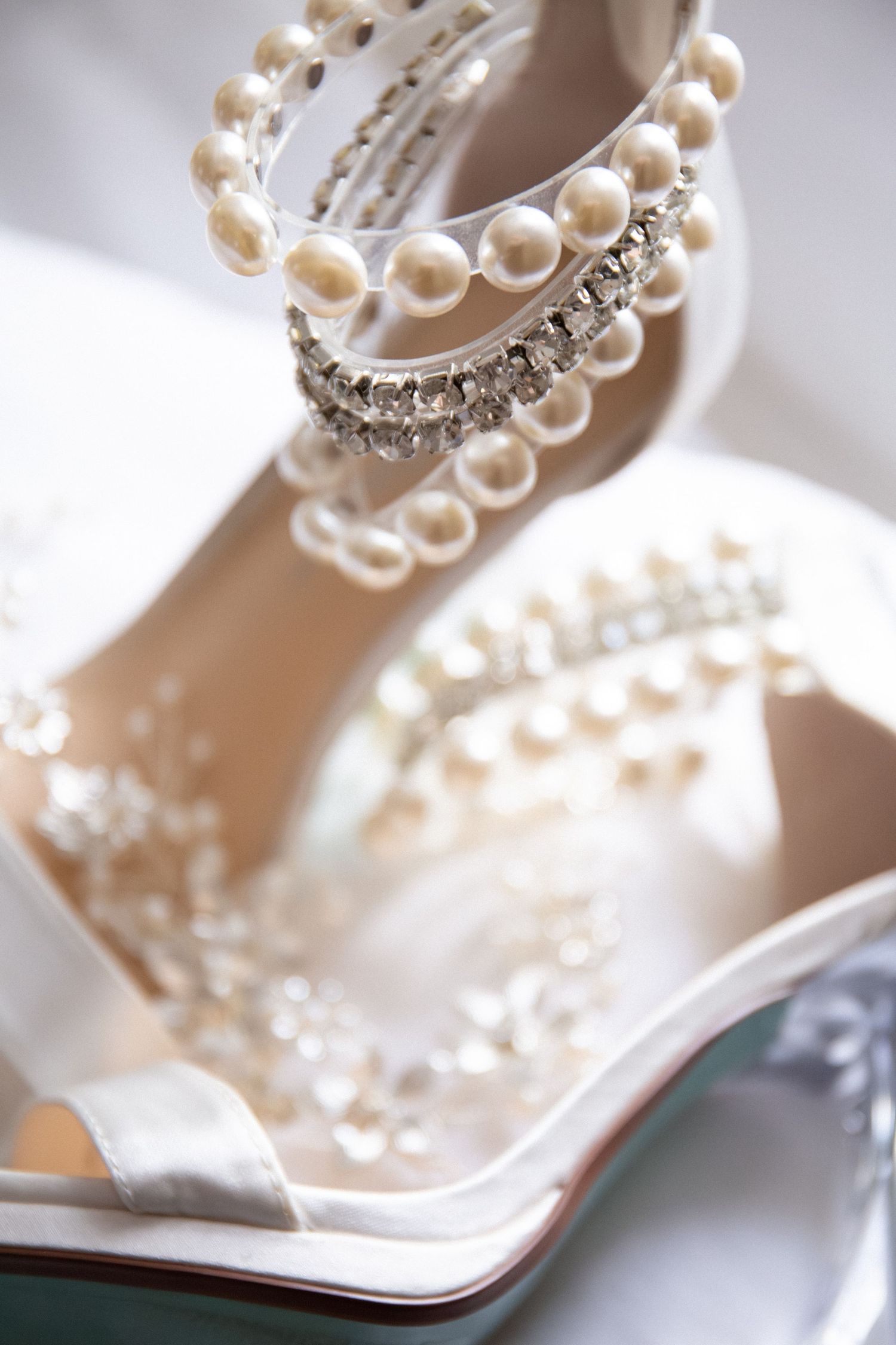 Elegant bridal heels adorned with pearl and crystal embellishments for a luxurious wedding day look, Chocksett Inn, Sterling, MA