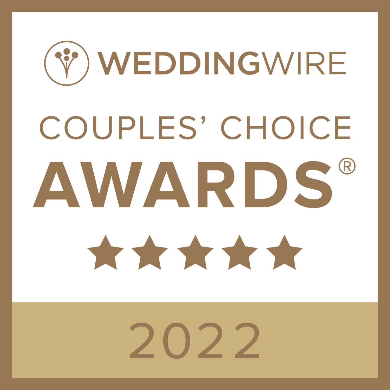 WeddingWire Couples Choice Awards 2022 badge with five gold stars, Xenia Helix Photography, Boston, MA