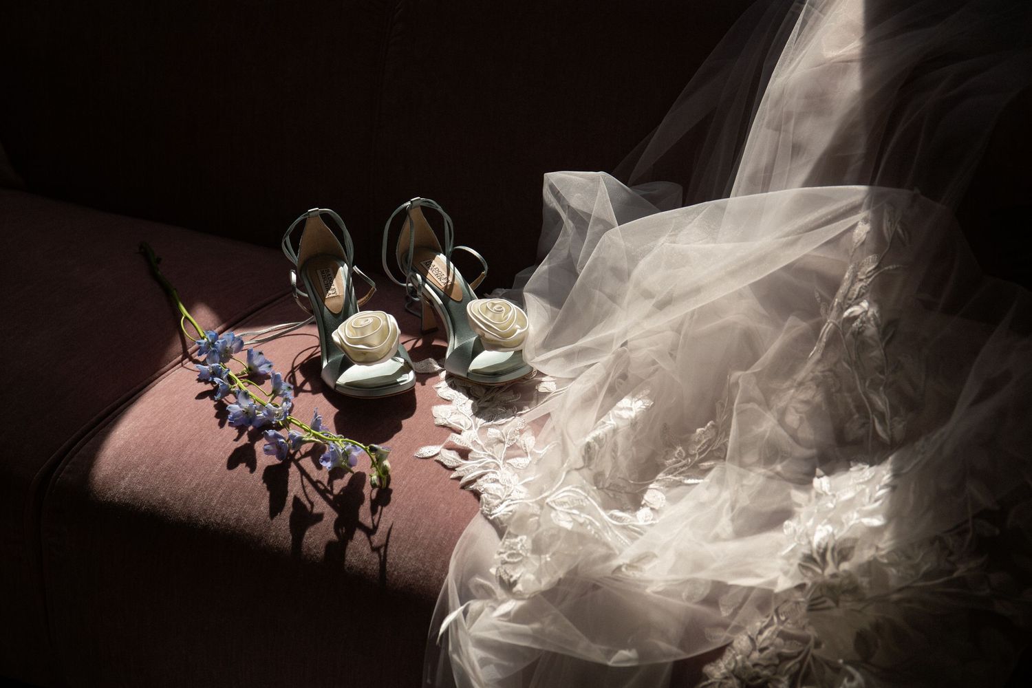Bridal details with lace veil, satin dusty-blue heels, and florals in dramatic light, Grove at Briar Barn Inn, Rowley, MA