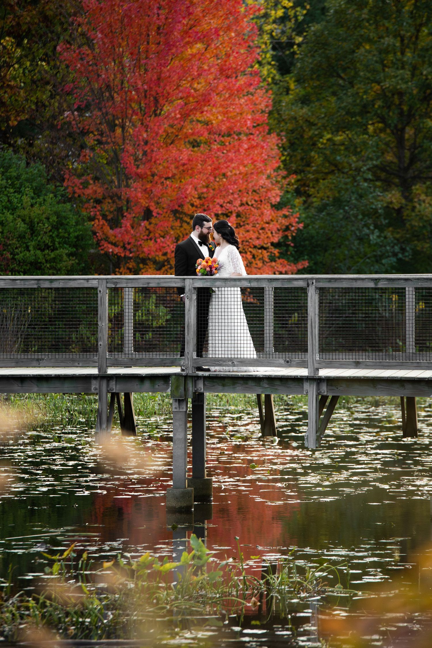 Bride & groom kissing on a wooden bridge surrounded by vibrant autumn foliage reflected in a pond, Alewife Brook Reservation, Cambridge, MA