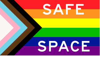 Progress Pride flag with rainbow stripes and chevron featuring trans, nonbinary colors with 'Safe Space' text overlay.