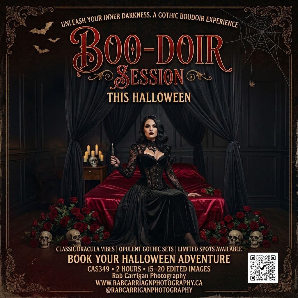 Gothic boudoir Halloween photo session ad featuring a dark-clad woman on a red velvet bed with skulls and roses.