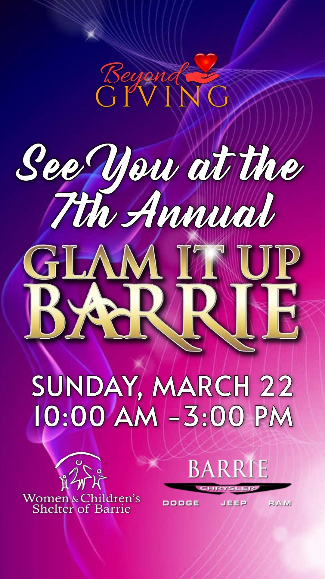 Purple and pink event poster for Glam It Up Barrie charity event featuring sparkly text and swirling design elements.