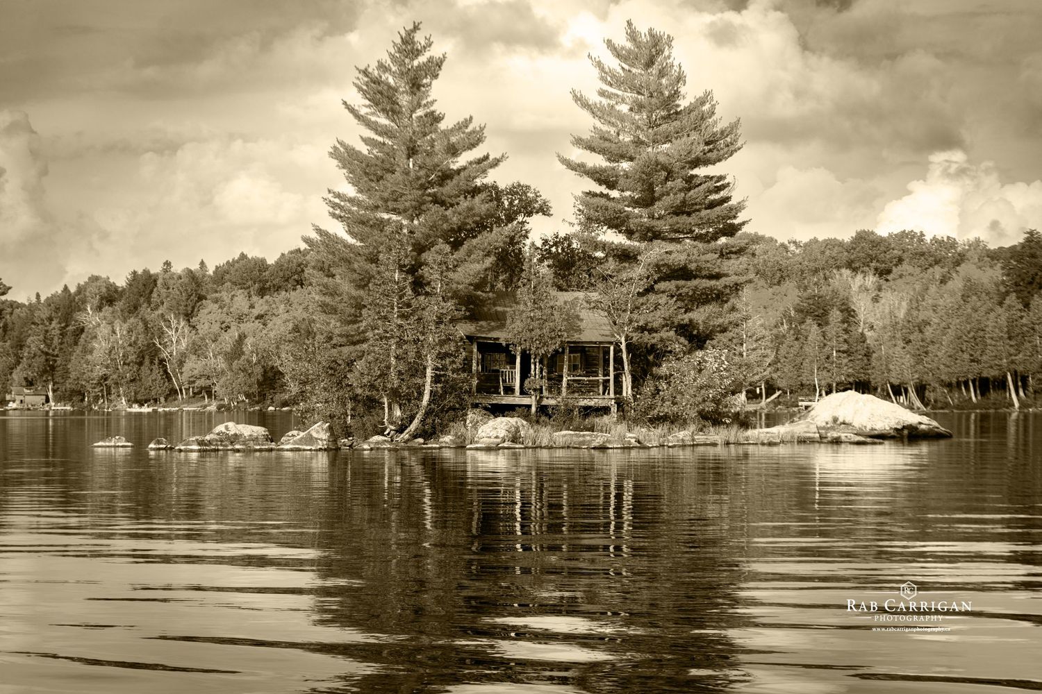 A small, peaceful cottage on the edge of a lake, framed by the dark silhouettes of towering evergreens.