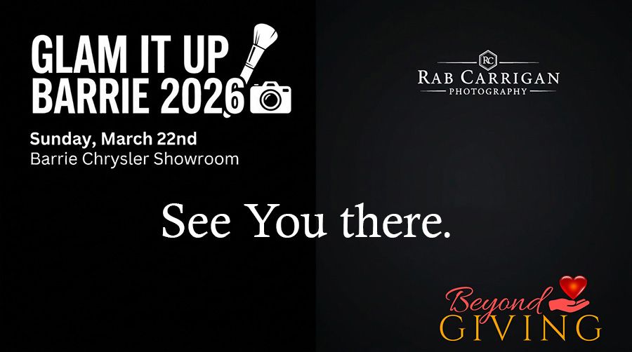A black promotional banner for 'Glam It Up Barrie 2026' featuring event details and sponsor logos.