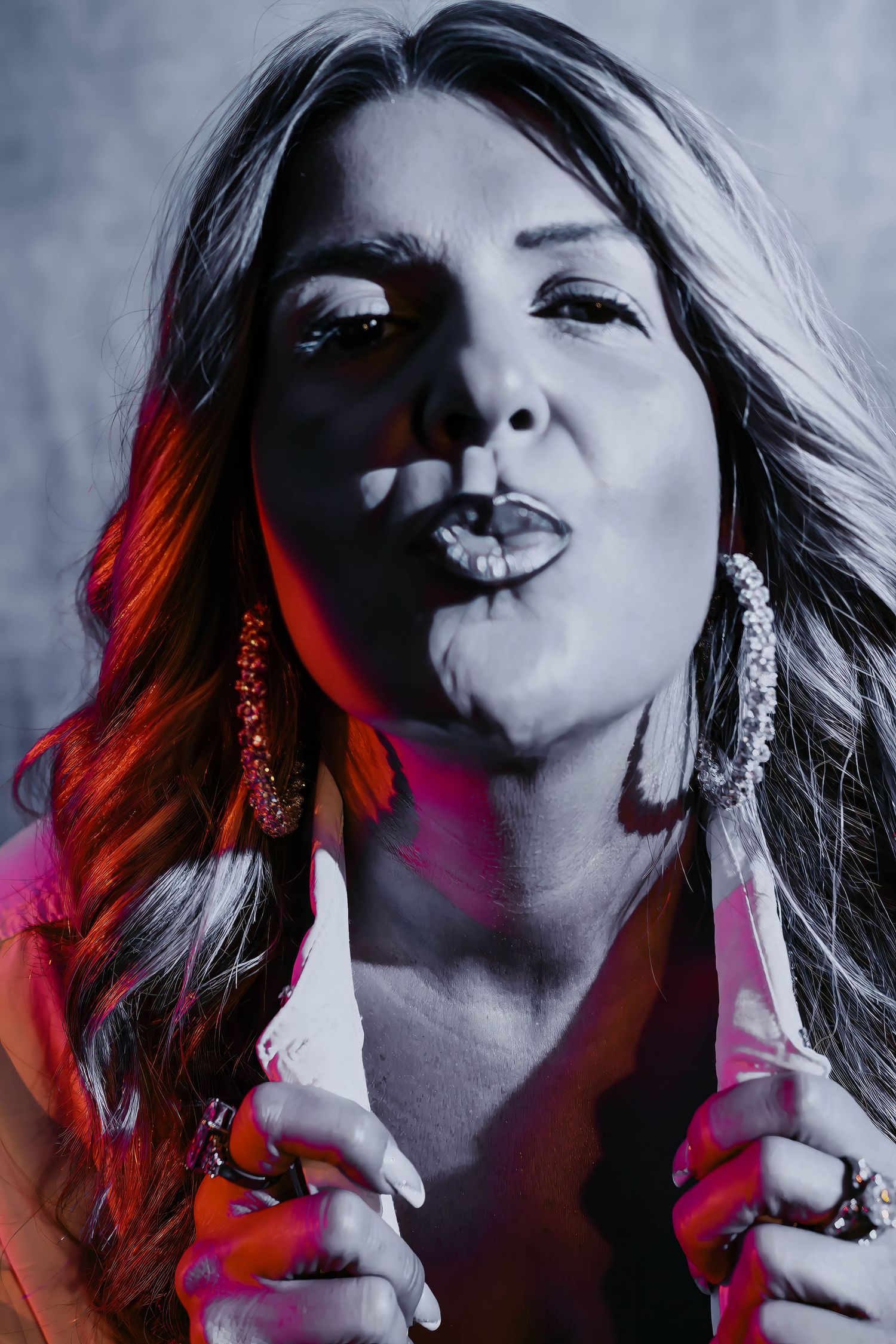 Cinematic portrait with red rim lighting: capturing authentic personality to prove photogenicity is about character.