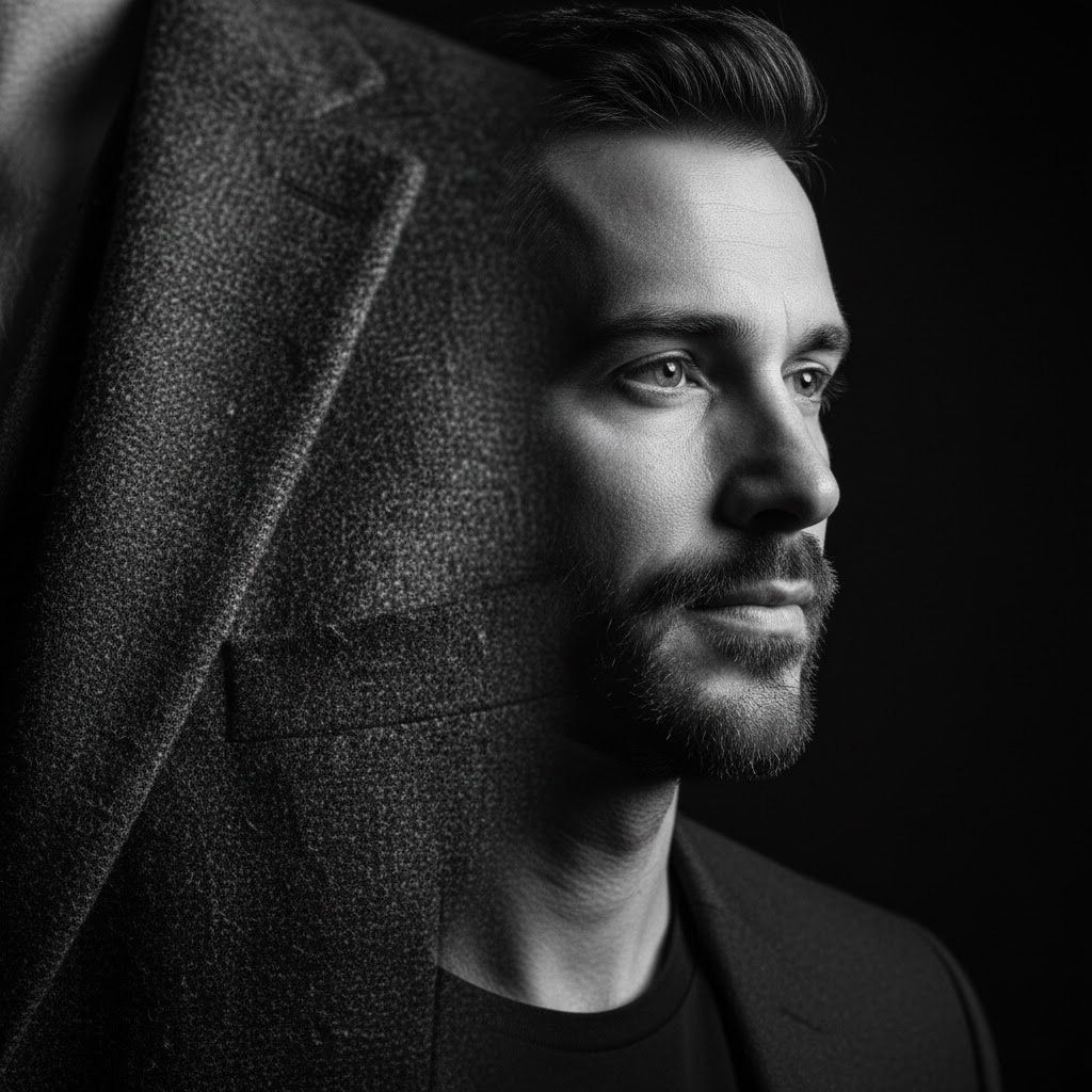 Cinematic black and white split-composition showing heavy fabric texture and a man’s profile in soft light.