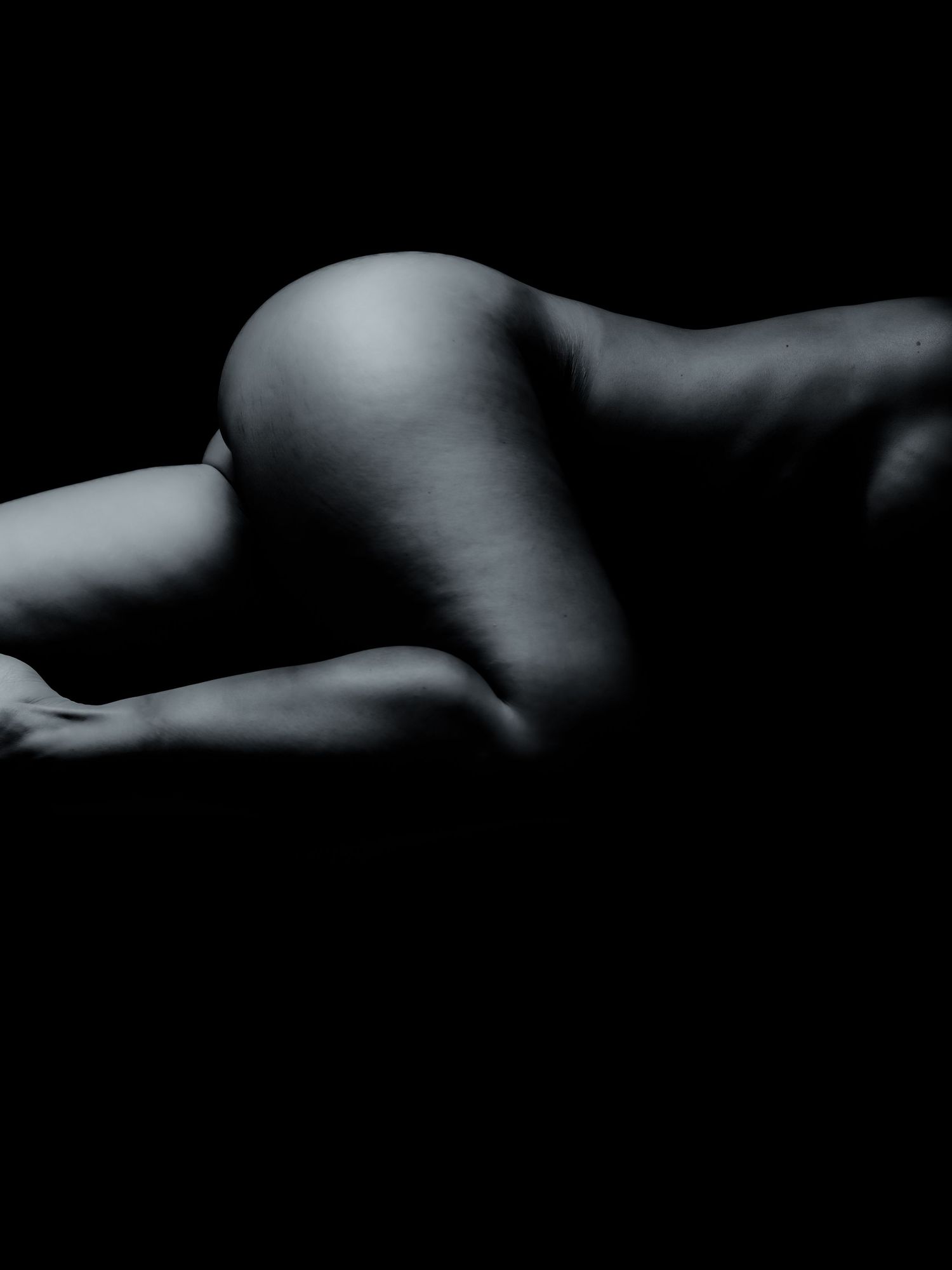 Black and white fine art nude photograph showcasing dramatic body curves with chiaroscuro lighting against dark background.