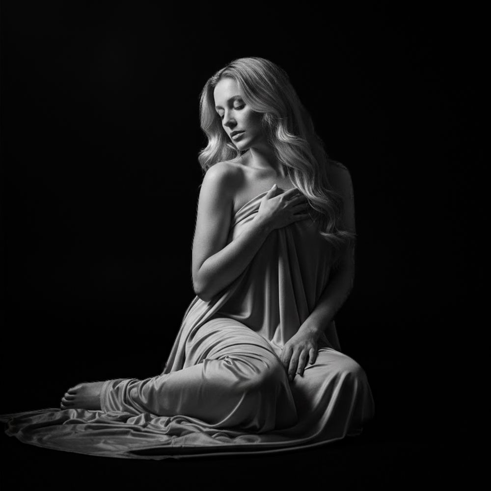 rtistic black and white photo of a woman draped in silk fabric; showcasing elegance through light and shadow.