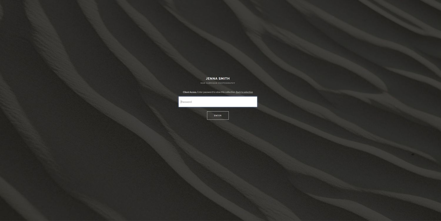 Secure, password-protected client login screen for private digital image gallery delivery by Rab Carrigan Photography