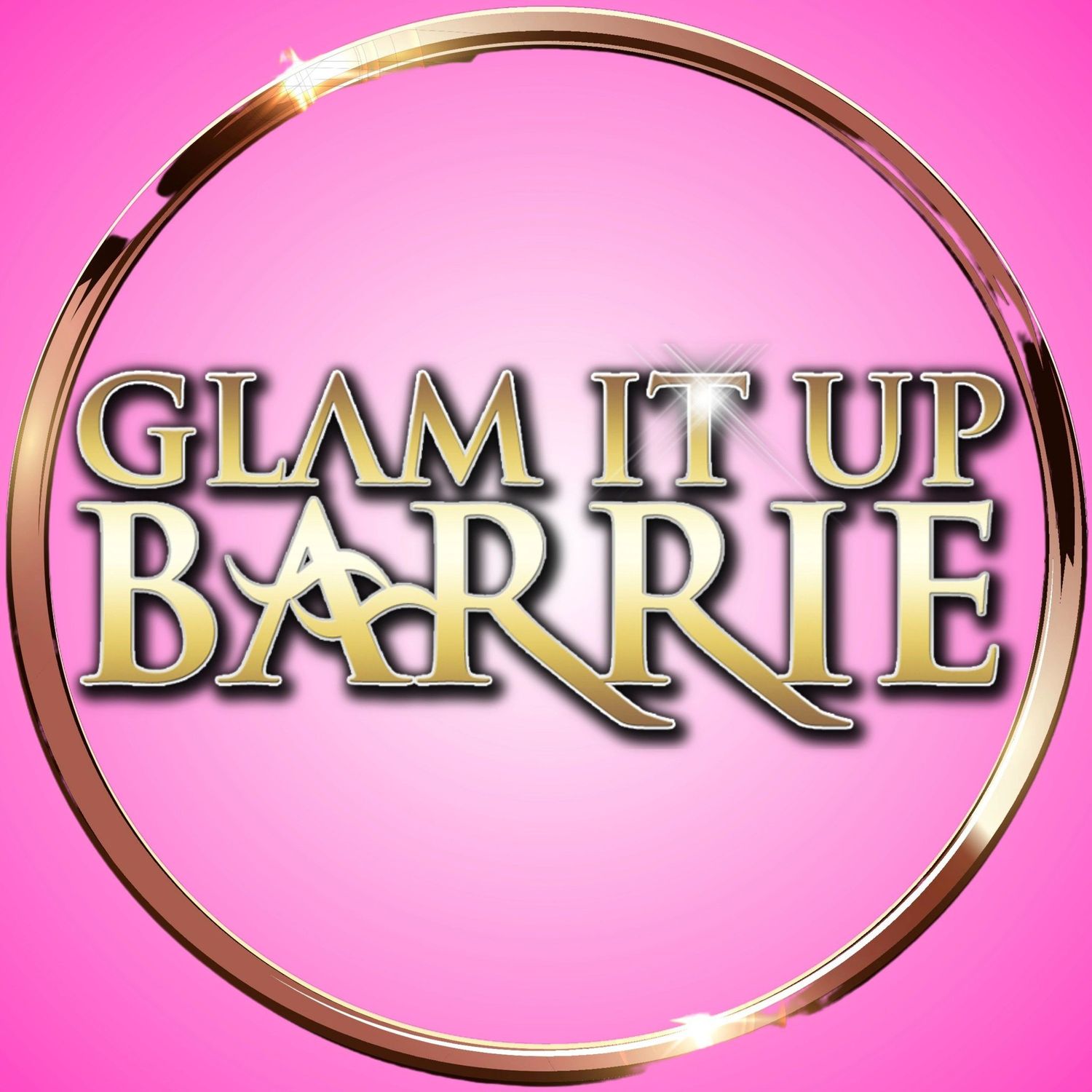 Metallic gold text reading 'GLAM IT UP BARRIE' in an elegant curved design against a bright pink background.