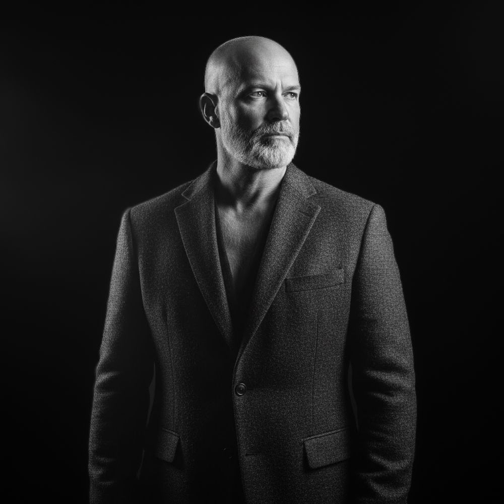Cinematic black and white portrait of a man in a textured wool blazer; emphasizing strength and confidence.