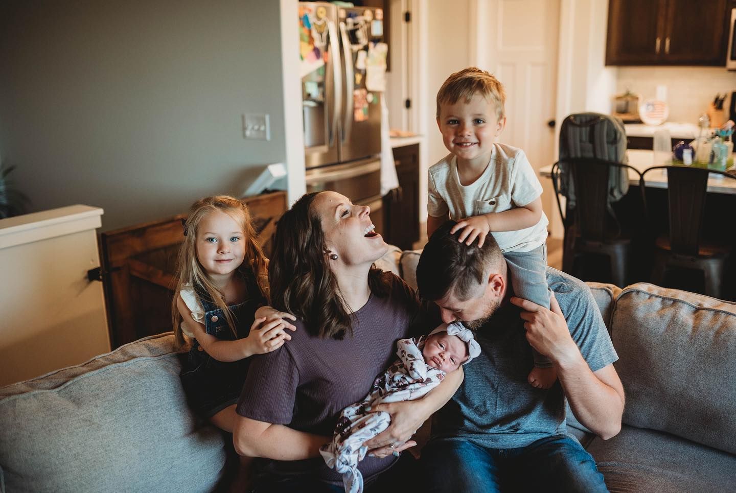 Series of candid indoor family moments showing tender interactions on a couch.