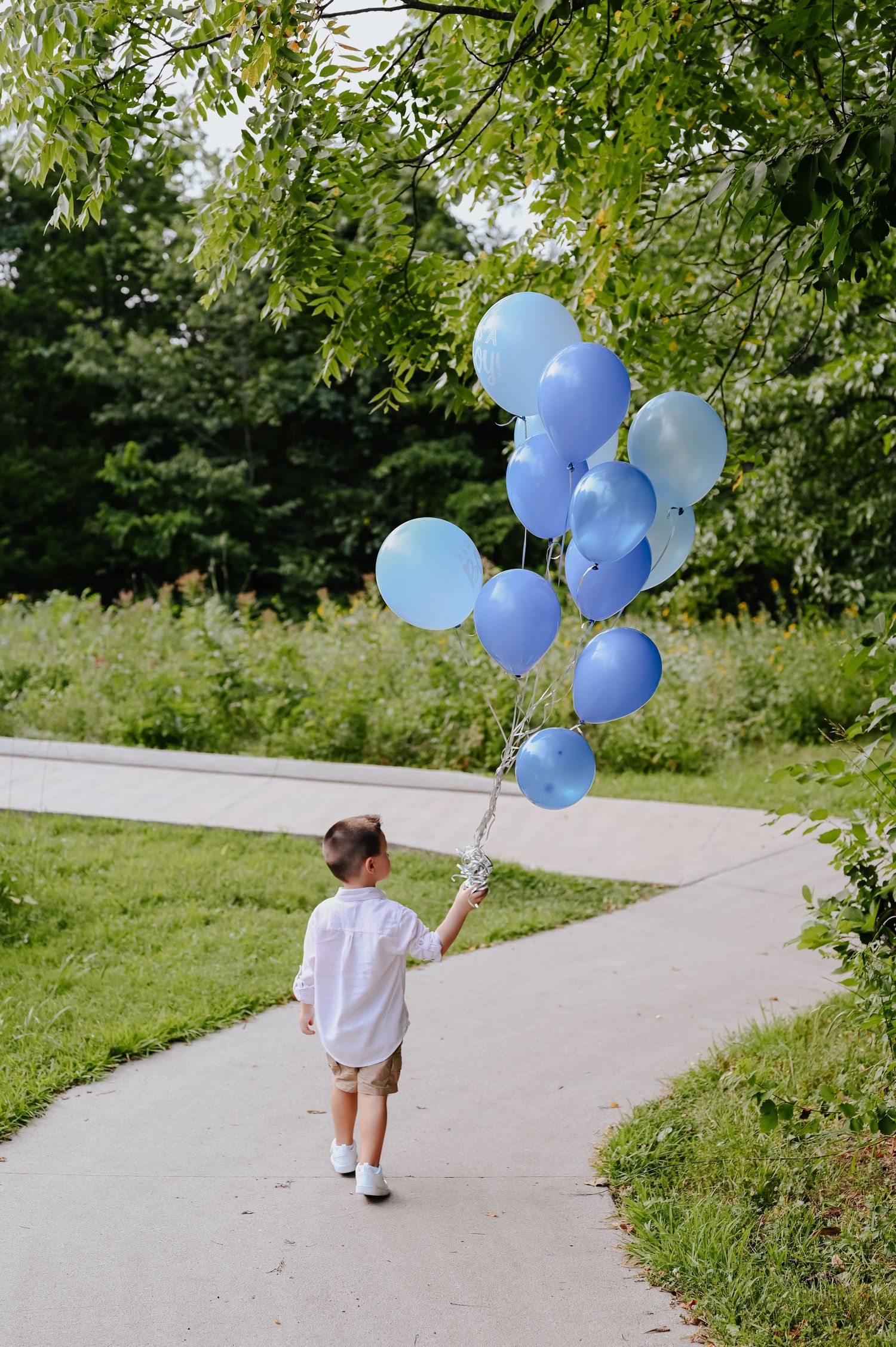 Child walks along path holding blue balloons in a lush summer garden.