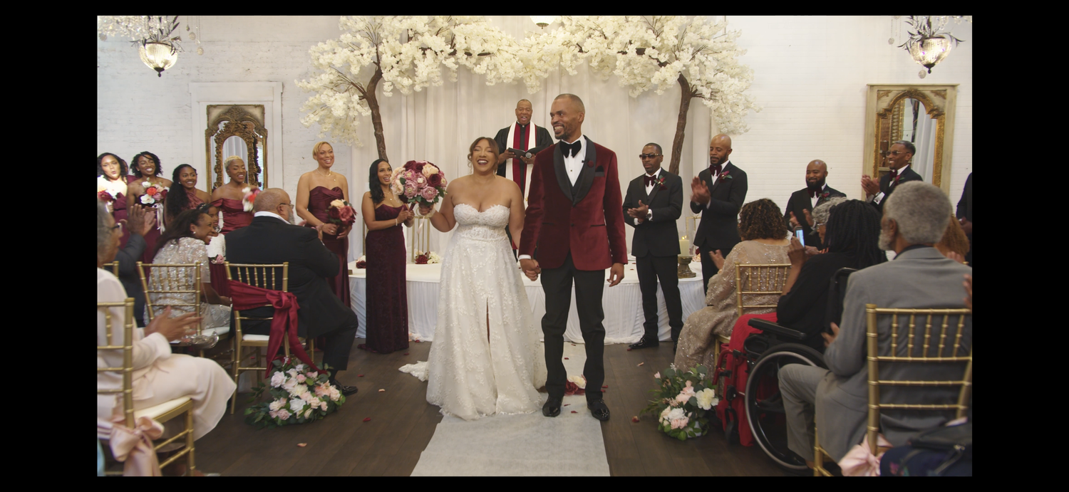 A wedding ceremony procession sequence showing multiple moments of a bride walking down the aisle in an elegant venue.