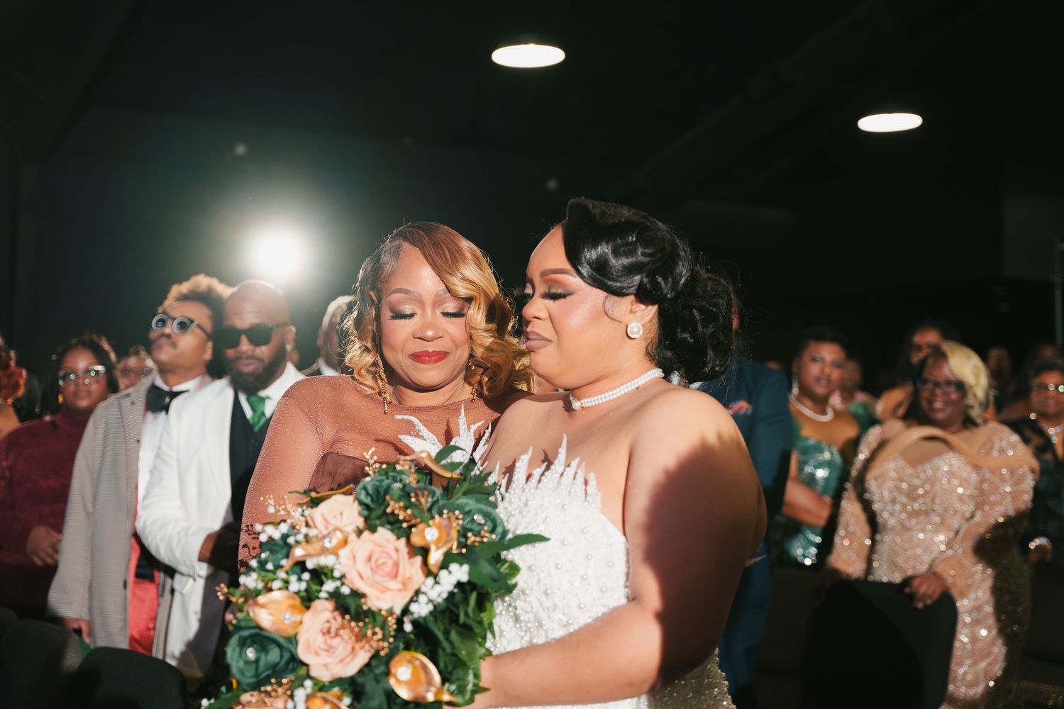 A sequence of wedding reception photos showing dancing, embraces, and joyful celebrations on the dance floor.