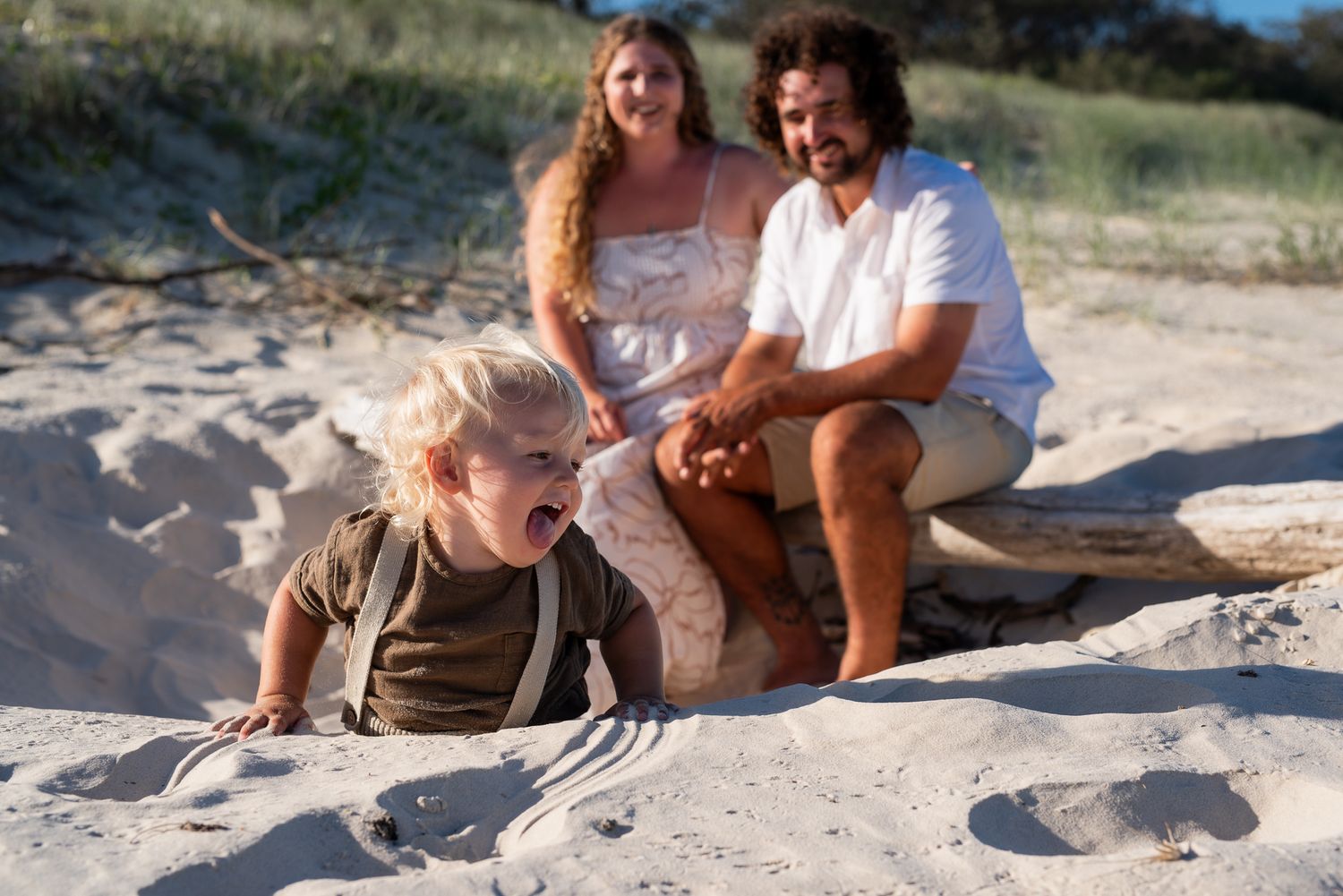 A series of candid beach photos showing people relaxing and enjoying time together on sandy shores.