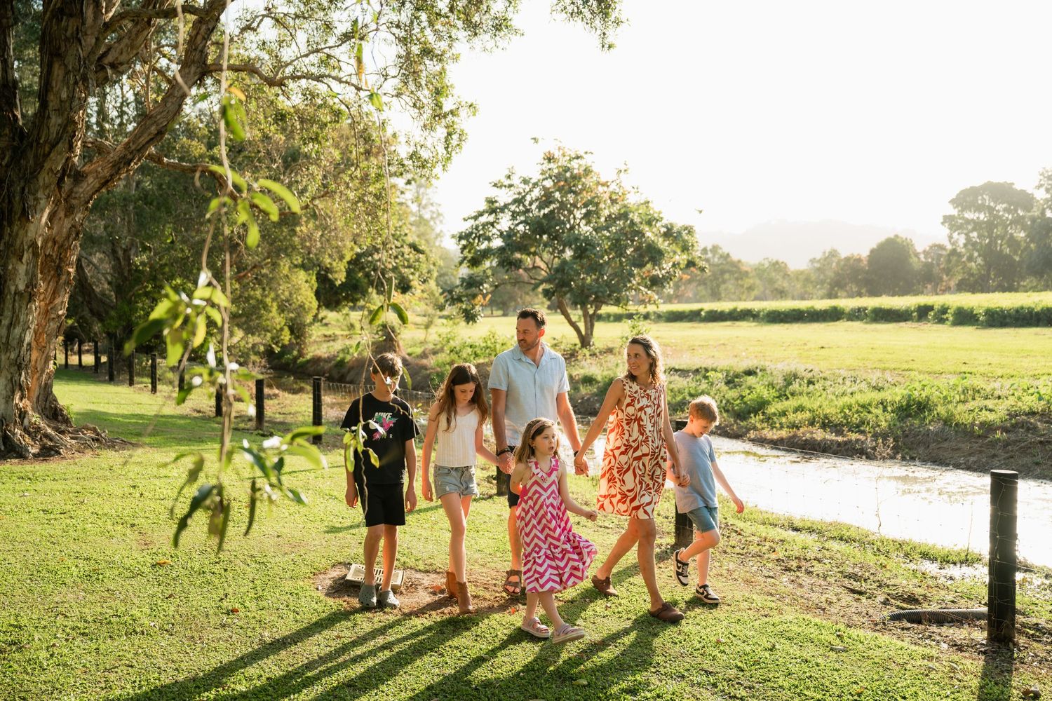 Family of adults and children holding hands and walking together on a sunny grassy path beside a calm creek surrounded by trees.